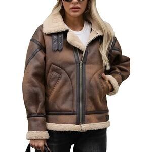 Womens Brown Faux Leather Shearling Lined Full Zip Aviator Bomber Jacket Vegan M